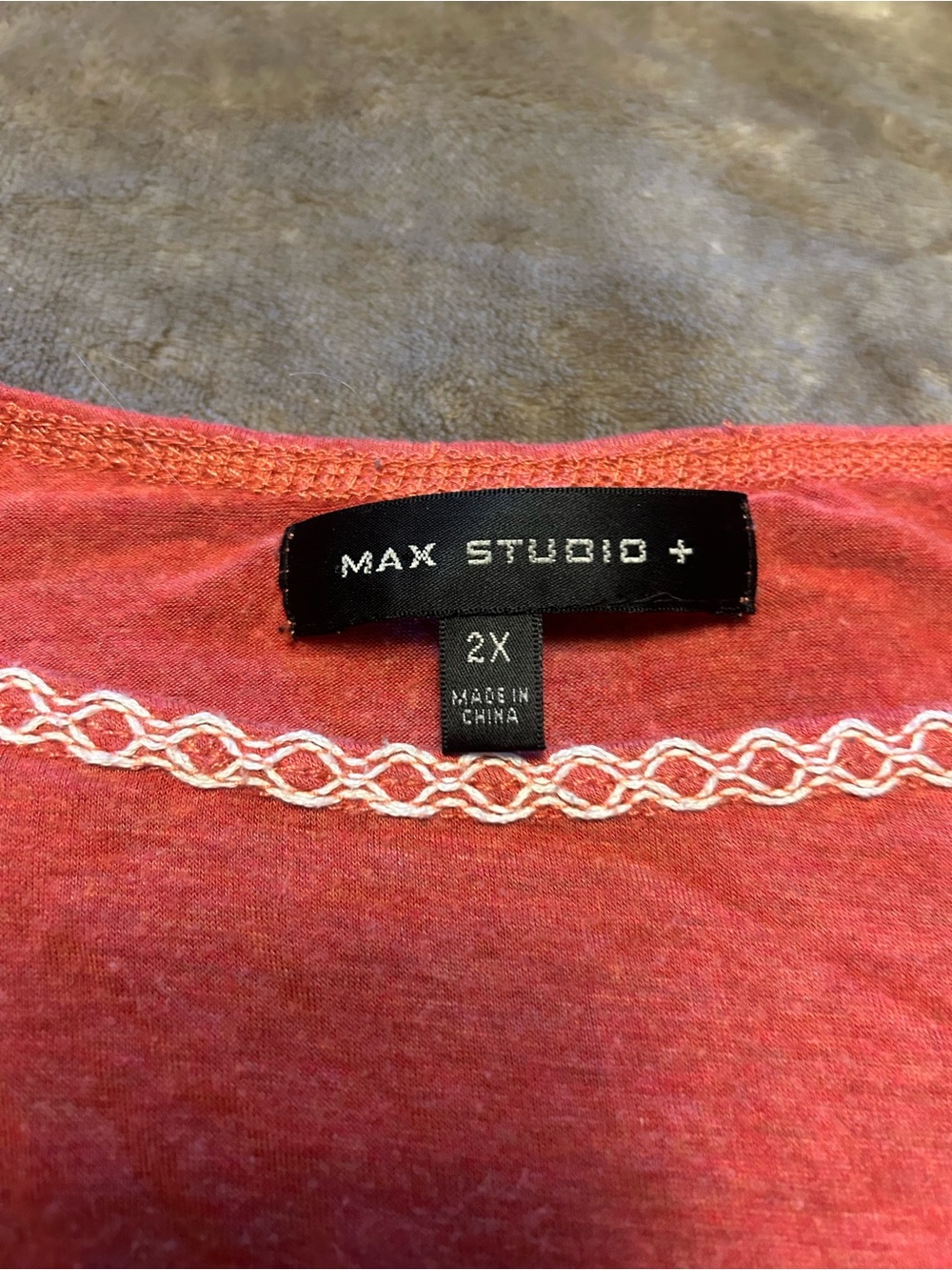 Max Studio+ Red Crewneck Top with White Chain Stitch Detail